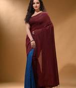 Maroon And Sapphire Blue Half N Half Cotton Handspun Soft Saree With Pompom