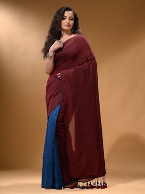 Maroon And Sapphire Blue Half N Half Cotton Handspun Soft Saree With Pompom 2