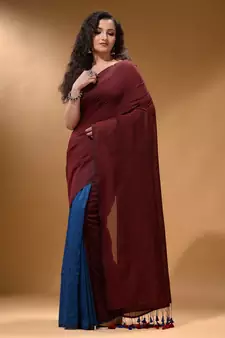 Maroon And Sapphire Blue Half N Half Cotton Handspun Soft Saree With Pompom