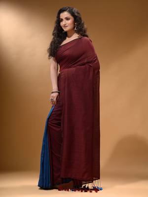 Maroon And Sapphire Blue Half N Half Cotton Handspun Soft Saree With Pompom 3