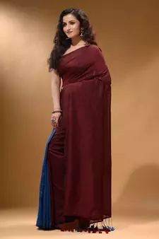 Maroon And Sapphire Blue Half N Half Cotton Handspun Soft Saree With Pompom