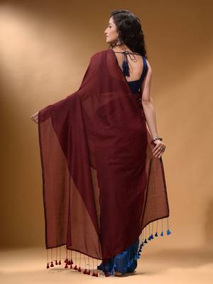 Maroon And Sapphire Blue Half N Half Cotton Handspun Soft Saree With Pompom 4
