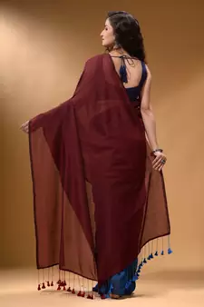 Maroon And Sapphire Blue Half N Half Cotton Handspun Soft Saree With Pompom