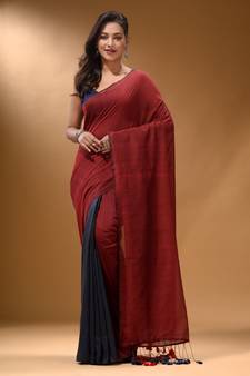 Red And Grey Half N Half Cotton Handspun Soft Saree With Pompom