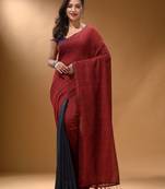 Red And Grey Half N Half Cotton Handspun Soft Saree With Pompom