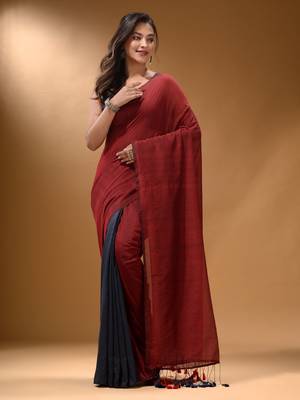 Red And Grey Half N Half Cotton Handspun Soft Saree With Pompom 2