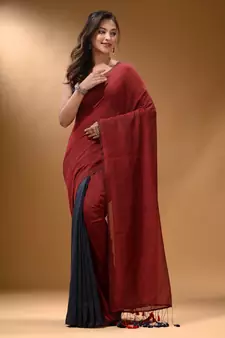 Red And Grey Half N Half Cotton Handspun Soft Saree With Pompom