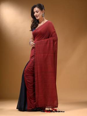 Red And Grey Half N Half Cotton Handspun Soft Saree With Pompom 3