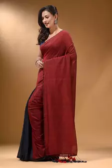 Red And Grey Half N Half Cotton Handspun Soft Saree With Pompom