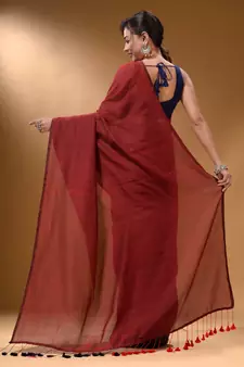 Red And Grey Half N Half Cotton Handspun Soft Saree With Pompom