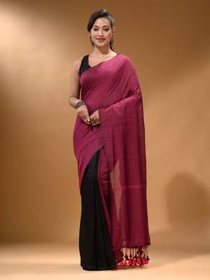 Magenta Black Half N Half Cotton Handspun Soft Saree With Pompom 1