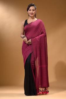 Magenta Black Half N Half Cotton Handspun Soft Saree With Pompom