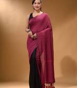 Magenta Black Half N Half Cotton Handspun Soft Saree With Pompom