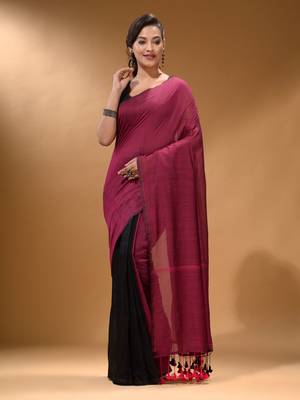 Magenta Black Half N Half Cotton Handspun Soft Saree With Pompom 2