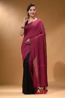 Magenta Black Half N Half Cotton Handspun Soft Saree With Pompom