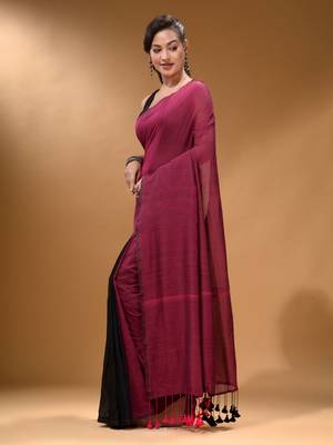 Magenta Black Half N Half Cotton Handspun Soft Saree With Pompom 3