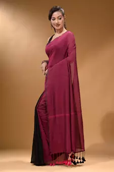 Magenta Black Half N Half Cotton Handspun Soft Saree With Pompom
