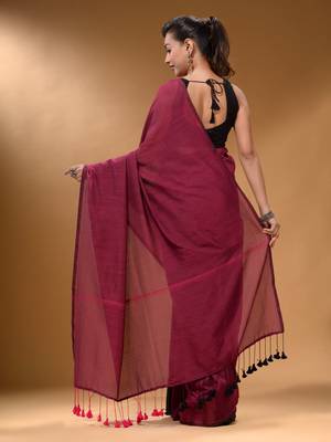 Magenta Black Half N Half Cotton Handspun Soft Saree With Pompom 4