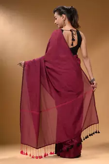 Magenta Black Half N Half Cotton Handspun Soft Saree With Pompom