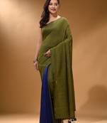 Sap Green And Royal Blue Half N Half Cotton Handspun Soft Saree With Pompom