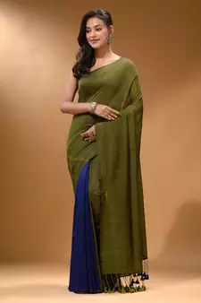 Sap Green And Royal Blue Half N Half Cotton Handspun Soft Saree With Pompom