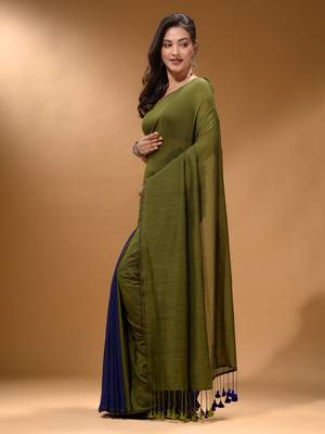Sap Green And Royal Blue Half N Half Cotton Handspun Soft Saree With Pompom 3