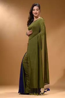 Sap Green And Royal Blue Half N Half Cotton Handspun Soft Saree With Pompom