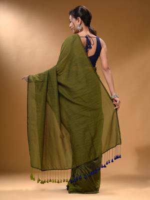 Sap Green And Royal Blue Half N Half Cotton Handspun Soft Saree With Pompom 4