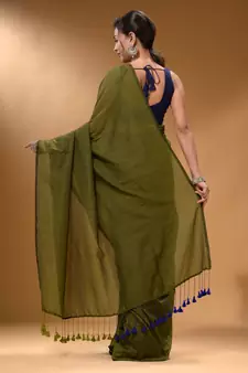 Sap Green And Royal Blue Half N Half Cotton Handspun Soft Saree With Pompom