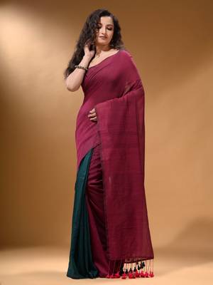Fuchsia And Teal Half N Half Cotton Handspun Soft Saree With Pompom 1