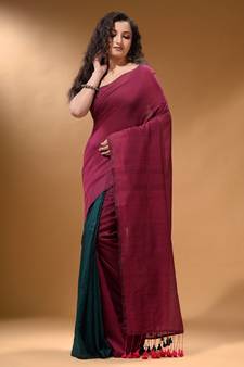 Fuchsia And Teal Half N Half Cotton Handspun Soft Saree With Pompom