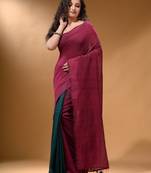 Fuchsia And Teal Half N Half Cotton Handspun Soft Saree With Pompom