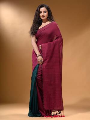 Fuchsia And Teal Half N Half Cotton Handspun Soft Saree With Pompom 2