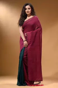 Fuchsia And Teal Half N Half Cotton Handspun Soft Saree With Pompom