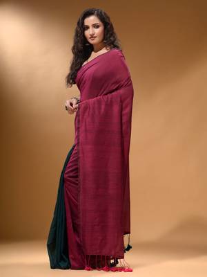 Fuchsia And Teal Half N Half Cotton Handspun Soft Saree With Pompom 3