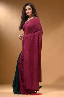 Fuchsia And Teal Half N Half Cotton Handspun Soft Saree With Pompom