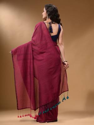 Fuchsia And Teal Half N Half Cotton Handspun Soft Saree With Pompom 4