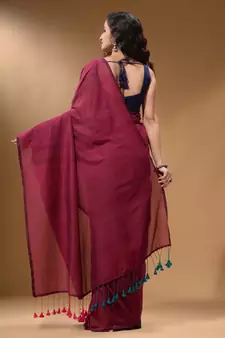 Fuchsia And Teal Half N Half Cotton Handspun Soft Saree With Pompom