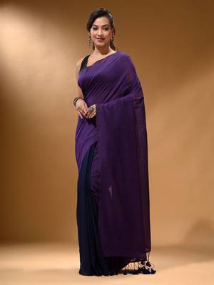 Violet And Navy Blue Half N Half Cotton Handspun Soft Saree With Pompom 1