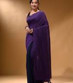 Violet And Navy Blue Half N Half Cotton Handspun Soft Saree With Pompom