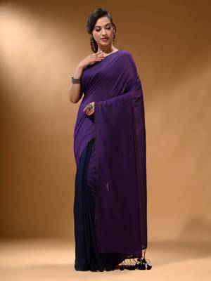 Violet And Navy Blue Half N Half Cotton Handspun Soft Saree With Pompom 2