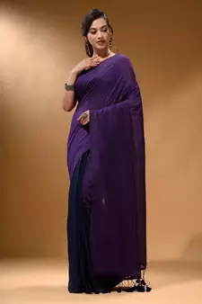 Violet And Navy Blue Half N Half Cotton Handspun Soft Saree With Pompom