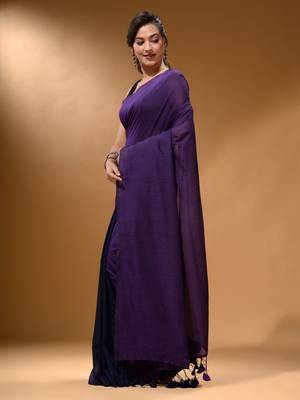 Violet And Navy Blue Half N Half Cotton Handspun Soft Saree With Pompom 3