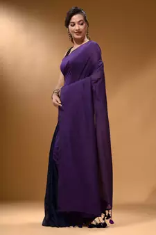 Violet And Navy Blue Half N Half Cotton Handspun Soft Saree With Pompom
