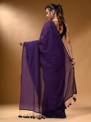 Violet And Navy Blue Half N Half Cotton Handspun Soft Saree With Pompom 4