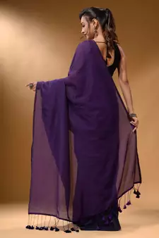 Violet And Navy Blue Half N Half Cotton Handspun Soft Saree With Pompom