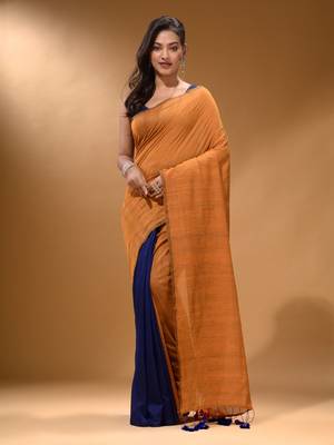 Mustard And Blue Half N Half Cotton Handspun Soft Saree With Pompom 1