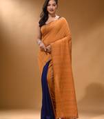Mustard And Blue Half N Half Cotton Handspun Soft Saree With Pompom