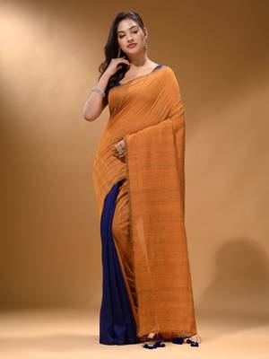 Mustard And Blue Half N Half Cotton Handspun Soft Saree With Pompom 2