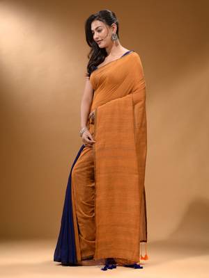 Mustard And Blue Half N Half Cotton Handspun Soft Saree With Pompom 3